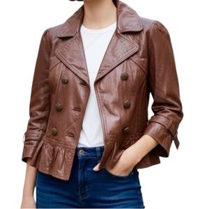 🌰EUC🌰 Guess Ruffle Peplum Leather Jacket in Chestnut, Size Small